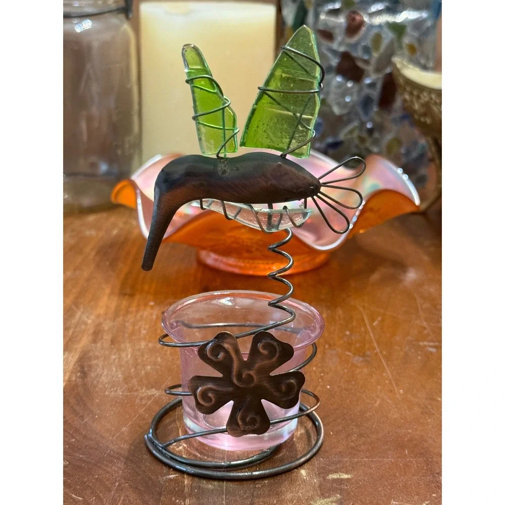 Artisan Hummingbird Votive Light Candle Holder Metal Wire Green Glass Wings